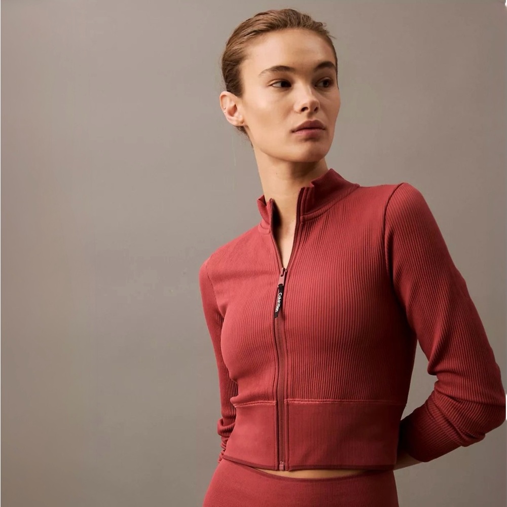 Calvin Klein Ribbed Zip-Up Cropped Jacket | Rosewood Red | Size S